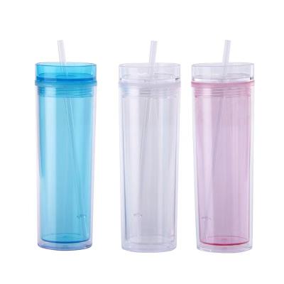 China Skinny Acrylic Tumbler With Straw 16oz Double Wall Acrylic Tumbler Set For Hot And Cold Drinks Reusable Cup With Straw for sale