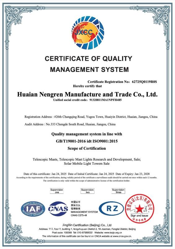 ISO 9001: 2015 - Huaian Nengren Manufacture and Trade Co.,Ltd.