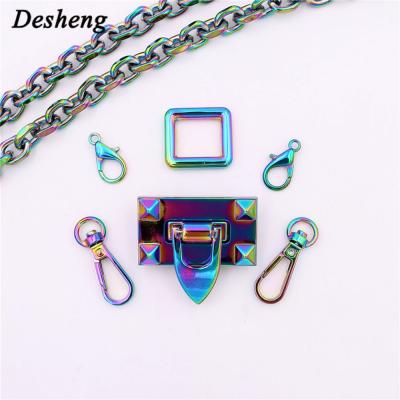 China Bag Accessories Rainbow Lock Set Bag Accessories Bag Lock Square Ring Lobster Clasp Metal Chain Snap Hook for sale