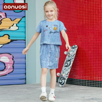 China COTTON aonousi washes not fade health fabric cotton 100% girls 10 to 12 years old 2 piece boutique clothing denim set for sale