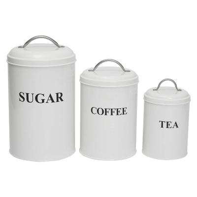 China Sustainable 3pcs Vintage Tea Coffee Sugar Galvanized Metal Kitchen Food Storage Canisters Sets With Lids for sale