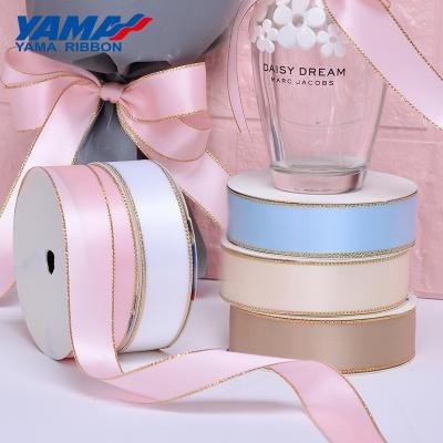 China High Tenacity Yama Gold Edge Satin Ribbon Fashion Polyester 3-38mm Double Face Ribbon for sale