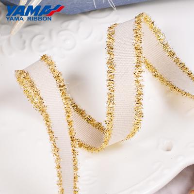 China Yama Factory Fashion New Double Face Wrapping Ribbon 25mm Mesh Grosgrain Glitter Fringe Gold Ribbon for sale