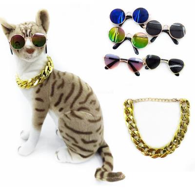 China Dog Leash with Cat Teddy Sunglasses Big Gold Necklace Metal Clips Pet Glass Gold Set Dog Gold Chain for sale