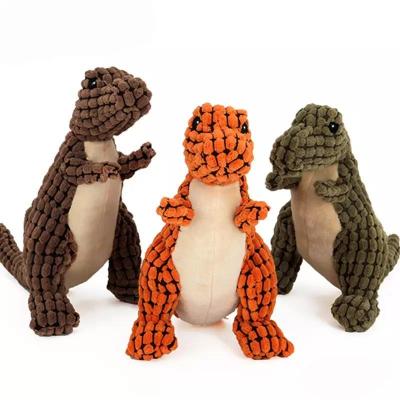 China Stocked 3 Colors Stuffed Plush Interactive Teething Dinosaur Squeaky Dog Toy for sale