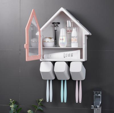 China Sustainable House Shape Wall Mount Toothbrush Holder With Three Cups for sale