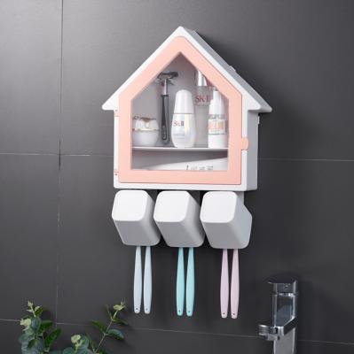 China Wall Mount Bathroom Toilet Toothpaste Toothbrush Cup Holder Creative Hanging Shelf Set for sale