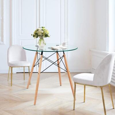 China (Other) Adjustable Solid Wood And Glass Dining Table Leg Around Tempered Glass Top Clear Dining Table for sale