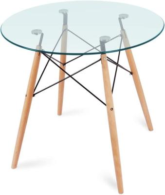 China (Other) Free Sample Round Table Tempered Glass Side Coffee Table Adjustable Clear Dining Table With Beech Wood Legs for sale