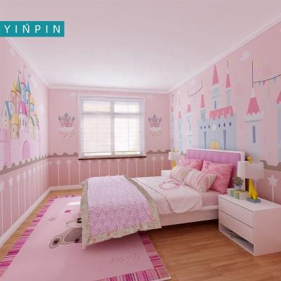 China Custom Waterproof+ECO-Friendly Cartoon Pink Castle Seamless Mural Wallpaper for Kids Room for sale