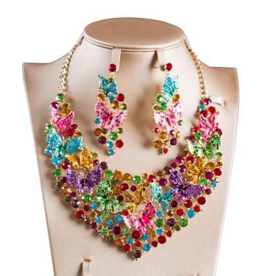 China CLASSIC Colorful Gold Color Jewelry Set Butterfly PALACE LAN Glass Necklace And Earrings For Wedding for sale