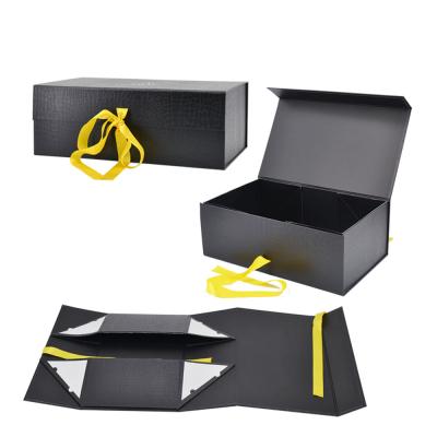 China Handmade High Quality Cardboard Magnet Folding Black Gift Storage Box With Ribbon Folding Shoe Box Custom Shoes Packaging Folding Box for sale