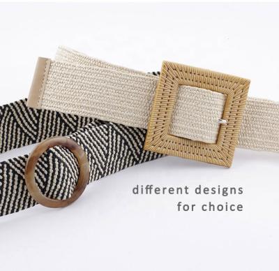 China Wholesale Fashion Bohemian Woven pp Straw Woven Elastic Stretch Belt wide waist for women dress with plastic resin buckle for sale