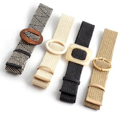 China Fashion Boho Woven Ladies Braided Band Women pp Straw Woven Elastic Stretch Waist Dress Belt With Wooden Buckle for sale