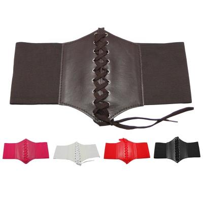 China Lace Up PU Elastic Faux Elastic Waist Cincher Women's Costume Waspie Leather Corset Tied Belts For Women for sale