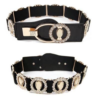 China Fashion Designer Rhinestone Elastic Belt Custom Western Leather Ladies Stretch Waist Designer Brand Crystal Women Rhinestone Elastic Belt for sale