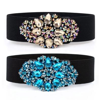 China Floral Crystal Stretch Women Wide Sash High Waist Rhinestone Glitter Pearl Stretchy Luxury Sparkly Elastic Waistband For Party Dress for sale