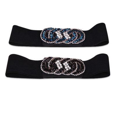 China Comfortable New Women's Crystal Stitched Handmade Beads Wide Synthetic Rhinestone Elastic Waistband for Lady Female for sale