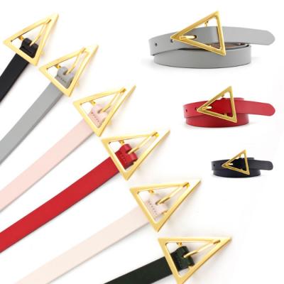 China Simple decorative multi colors women's dress belt ladies genuine leather belt with simple triangle gold buckle for sale