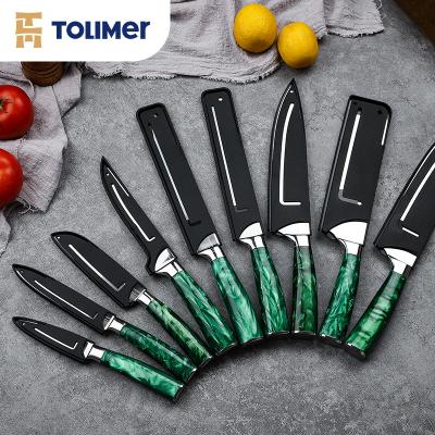 China Viable Professional Hot Sale 9 Pcs Kitchen Knife Set 4CR13 Professional Resin Stainless Steel Green Santoku Knife for sale