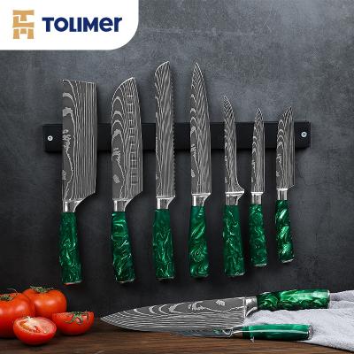 China Sustainable New Design 9 Pcs Kitchen Knives Set 4CR13 Stainless Steel Resin Green Handle for sale