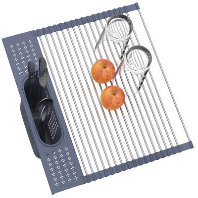 China Durable Folding 304 Stainless Roll Up Dish Drying Rack With Utensil Rack For Kitchen Sink for sale