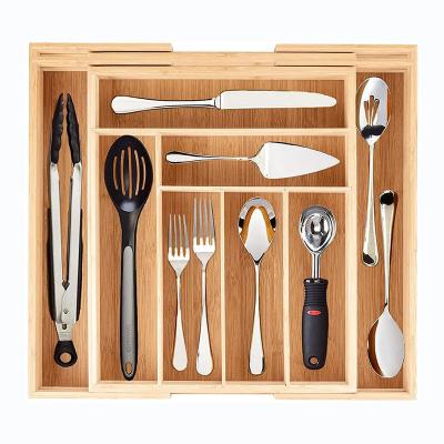 China Kitchen Sustainable Bamboo Drawer Organizer Adjustable Spoon Knife Holder Utensil Organizer Tray for sale