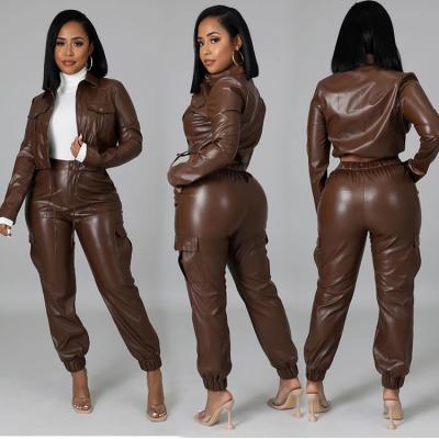 China 2022 Breathable Wholesale Leather Jacket High Quality Women Set Cardigan Brown Women Matching Leather Jacket Women Sets for sale