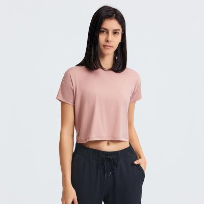 China Quick Drying Loose Short Sleeve T Shirt Womens Fitting Yoga Crop Tops for sale