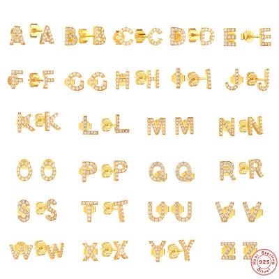 China 18k Gold Alphabet Earring 925 Sterling Silver CZ Romantic Alphabet Necklace CLASSIC Minimal Initial Stud Earrings for sale