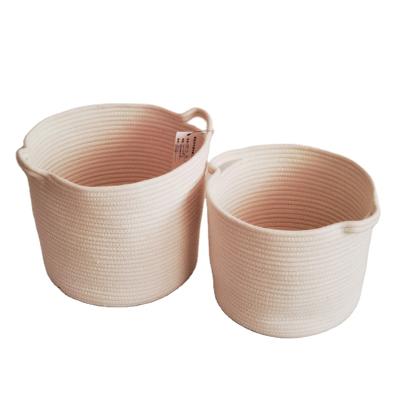 China Premium Sustainable Rope Storage Woven Cotton Basket With Handles Set Of 2-Pure White Laundry Hamper for sale