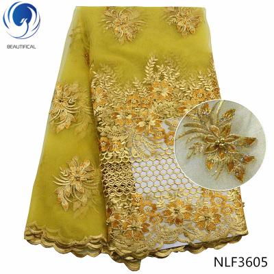 China Beautifical Embroidery Lace Fabrics Yellow Beaded Lace Fabric Yellow African French Tulle NLF36 for sale