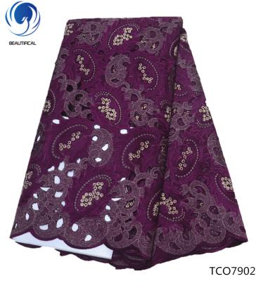 China Beautifical Sustainable 100% Polyester Double Knit Fabric Dark Red Embroidered Organza Fabric TCO79 for sale