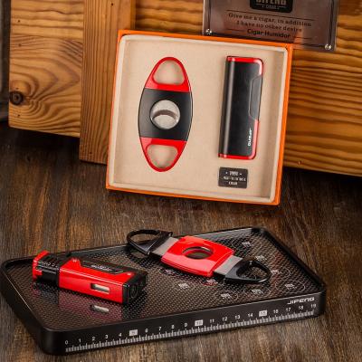 China JIFENG T313 Antique Black Logo Cigar Cutter Lighter and Reactors Flame Red Customized Gift Set for sale