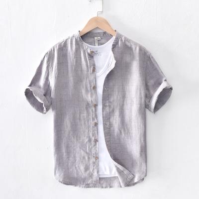 China Hot Sale 100% Casual Plaid Shirt Men's Hemp Short Sleeve Breathable Plaid Shirt Loose Men's Plaid Shirt for sale