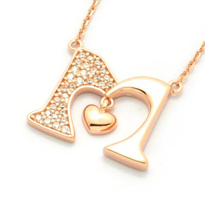 China Brass Zircon Pave Gold Plated Letter Initial Alphabet M With Heart Charm Necklace for sale