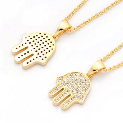 China Brass Delicate Micro Pave 18K Gold Good Luck Hamsa Fatima Hand Charm Necklace for sale