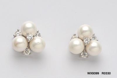 China Three Triple Pearl Brass With Zircon Pave Set Stud Earring for sale