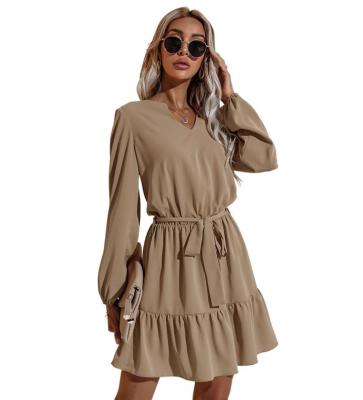 China Breathable Solid Lace Up Dress Women's Long Sleeve V-Neck Ladies Dress Casual Dresses A Line for sale