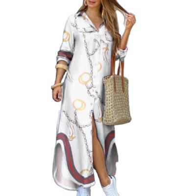 China Spring Autumn Women Long Sleeve Shirt Dress Breathable Fashion Printed Turn-Down Collar OL Long Sundress Loose Dress Dresses for sale