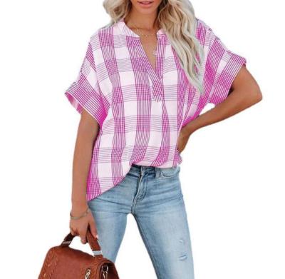 China Summer Women V-Neck Plaid Chiffon Breathable Casual Loose Tunic Blouses Short Sleeve Tops Custom Logo for sale