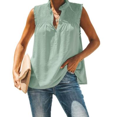 China Summer Women's Chiffon Top Shirts Solid Color Blouse Tank Breathable Casual Sleeveless V-Neck Tunic for sale