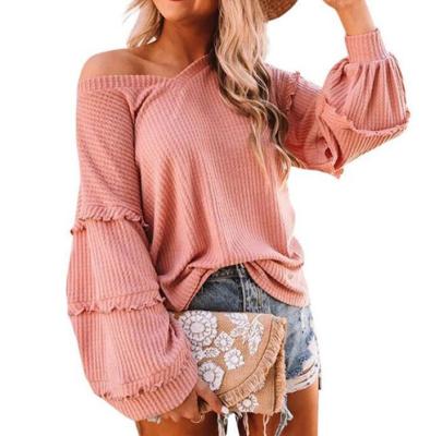 China Women's Breathable V-Neckline Waffle Knit Henley Tops Tiered Ruffle Long Sleeve Off The Shoulder Loose Fit Blouses Oversized Pullover for sale