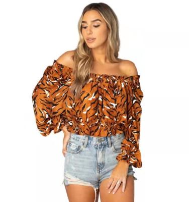 China Breathable Leopard Print Women's Long Sleeve Tops Off The Shoulder Gimlet Trim Casual Loose Blouse Shirts for sale