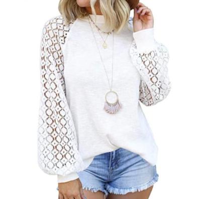 China Breathable Lace Crochet Women's Long Sleeve Solid Color T-Shirts Blouses Tops for sale