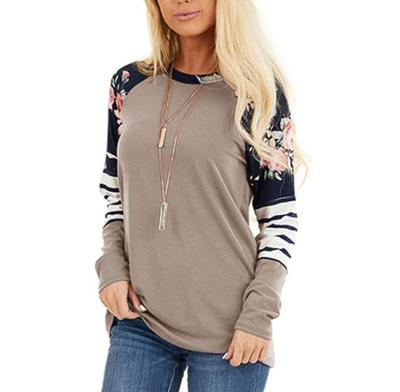 China Breathable Color Block Floral Print Women's Long Sleeve Tunic Tops Crew Neck Stripe Patchwork Casual Tops for sale