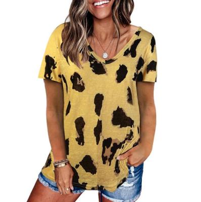 China Women's Breathable Leopard Print Tops Short Sleeve V-Neck T-Shirts Loose Casual Summer Blouses Size S-3XL for sale