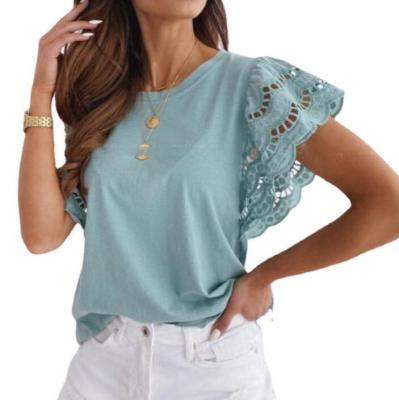 China Women's Breathable Crochet Lace Up Shorts Basic Sleeve Summer T-shirts Loose Fit V-Neck Tunic Tank Tops for sale