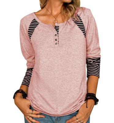 China Women's Breathable V-Neck Shirts Long Sleeve Tunic Striped Casual Summer Tops Patchwork T-Shirt for sale