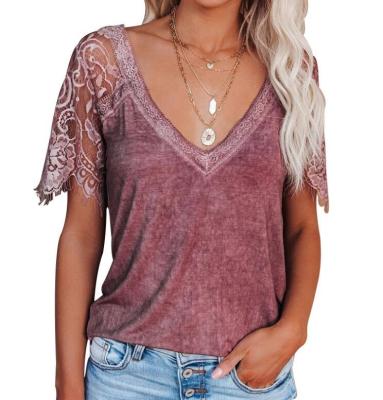 China Women's Breathable V-Neck Notched Lace Tee Tops Casual Short Sleeve T-shirt Summer Blouses Size S-2XL for sale